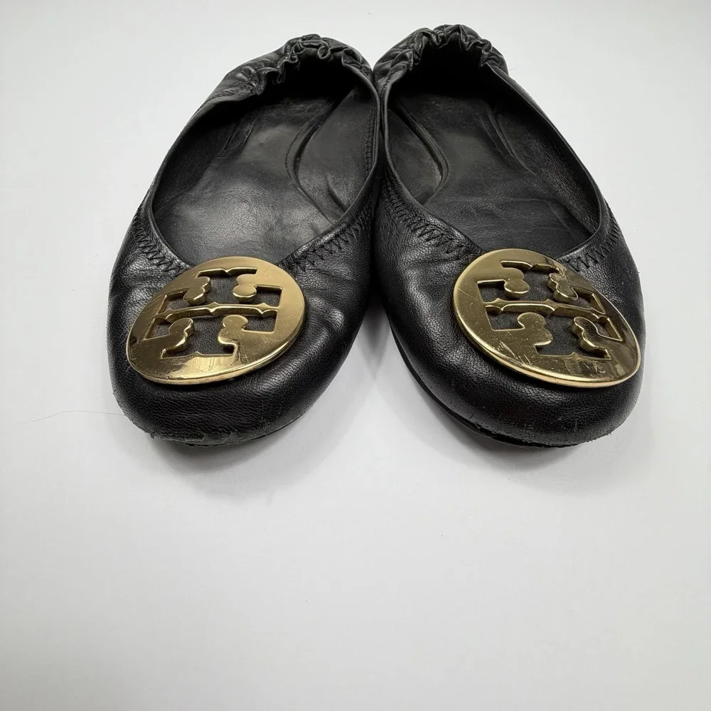 Tory Burch Reva Ballet Flats Womens 7.5 Black Leather Gold Logo Slip On Shoes - Picture 4 of 9